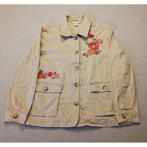 Appleseed's Long Sleeve Button Down Blazer‎ Size Petite Medium Pink Floral Khaki